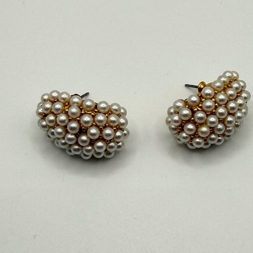 Napier Vintage Gold Tone Faux Pearl Cluster Half Hoop Post Earrings Cream White